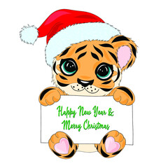 Cute cartoon tiger on a white background. Symbol of 2022 on the Chinese calendar. Cute little tiger in christmas costume