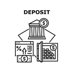 Deposit Bank Vector Icon Concept. Money Deposit Bank And Storaging Gold Bar In Safe. Online Banking For Earning Annual Percent And Investment In Financial Building Black Illustration