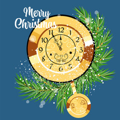 Fototapeta premium Merry Christmas. Christmas greeting card with the inscription. a vector image. watch. new year