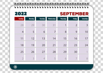 September 2022. Calendar planner design template. Week starts on Sunday