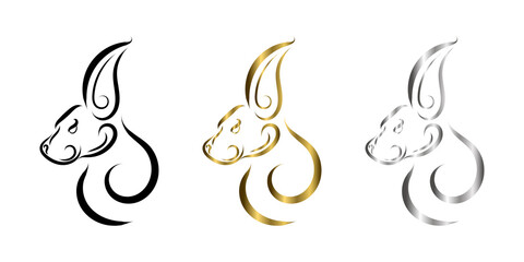 Fototapeta premium three color black gold and silver line art of rabbit head. Good use for symbol, mascot, icon, avatar, tattoo, T Shirt design, logo or any design