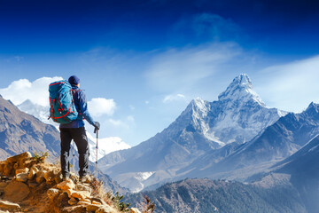 Hiker on the top in Himalayas mountains. Travel sport lifestyle concept - obrazy, fototapety, plakaty