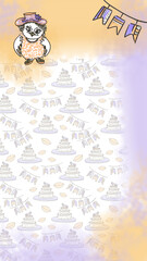 Fototapeta premium Template stories Backgrounds for Wedding celebration in line art style on Yellow and purple colorful background with cakes, flags and lips. doodle drawn with felt pen. Multicolor cartoon Owl woman in