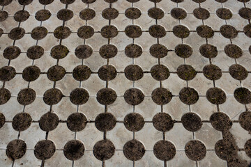 Geometric gray concrete tile with eco-parking cells With a hole for grass. Top view, paving stones for grass, block tiles made of concrete in the form of connected circles