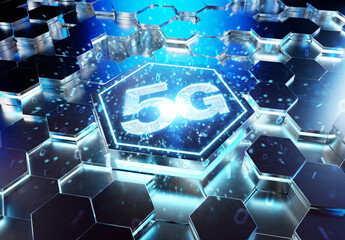 5G icon concept engraved on metal hexagonal pedestral background. Wireless technology logo glowing on abstract digital surface. 3d rendering