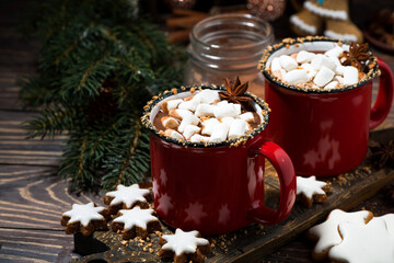 Obraz na płótnie Canvas cozy winter drink hot chocolate on a wooden background