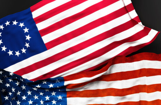 Flag of Betsy Ross along with a flag of the United States of America as a symbol of unity between them, 3d illustration