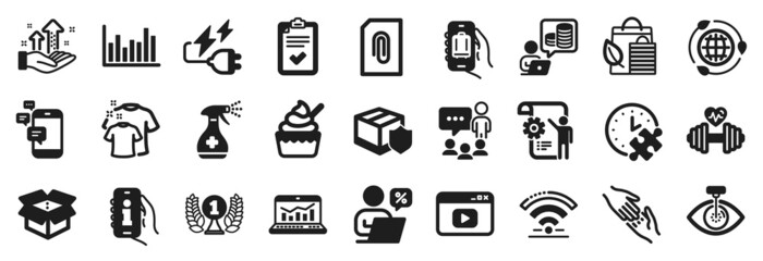 Set of Business icons, such as Wifi, Laureate award, Info app icons. Budget accounting, Bar diagram, Clean t-shirt signs. Baggage app, Eye laser, Attachment. Helping hand, Puzzle time. Vector