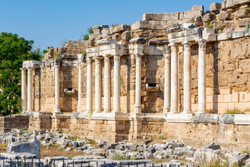 Ruins of Monumental Fountain (Nymphaeum) in ancient Side, Antalya, Turkey