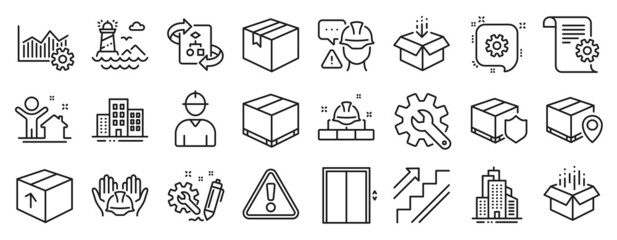 Set of Industrial icons, such as Delivery insurance, Parcel tracking, Parcel icons. Delivery box, Customisation, Engineering signs. Skyscraper buildings, Operational excellence, Buildings. Vector