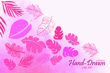 Hand drawn pink watercolor background floral line art