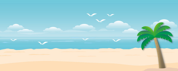 Fototapeta na wymiar Idyllic beach with turquoise blue sea, sand, coconut tree, bird, sky and cloud, Nature background or Summer holiday concept, Landscape, space for the text, paper cut design style.
