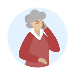 Old woman talks mobile phone, holding cellular smartphone in hand. Answer cellphone call