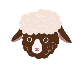Cute little sheep face. Head portrait of funny domestic lamb in doodle style. Baby animal muzzle. Adorable fluffy snout. Colored flat vector illustration isolated on white background