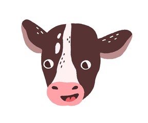 Cute funny calf face. Head portrait of domestic milk farm animal in doodle style. Baby cow muzzle with surprised eyes. Adorable happy snout. Flat vector illustration isolated on white background