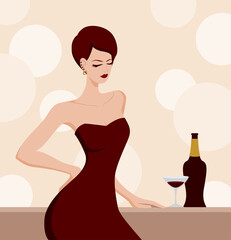 Fashion illustration vector file. Fashionable short hair woman wears sexy burgundy red dress.woman drinks wine at the bar.
