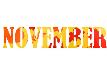 Autumn text November inscription from orange and red paper falling leaves on white background