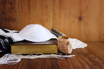 religion image of shofar (horn) and white prayer talit. Rosh hashanah (jewish New Year holiday),...