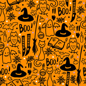 Cute vector seamless pattern for Halloween holiday. Doodle funny witch hat, owl, leaves, cats and ghosts. Halloween gift wrapping, notebook cover Web