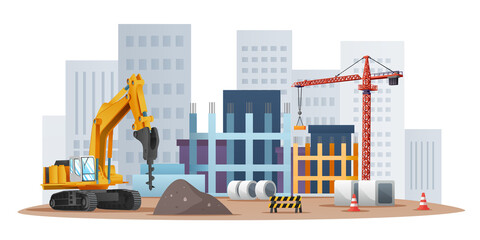 Construction site concept with drill excavator and material equipment illustration - obrazy, fototapety, plakaty