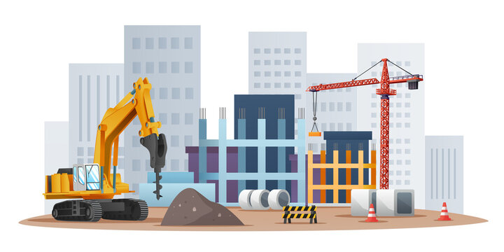 Construction site concept with drill excavator and material equipment illustration