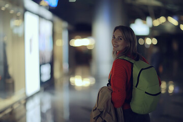 tourist girl with a backpack at the station, spring trip