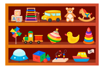 Obraz premium Children's toys on a wooden shelf. Cartoon style. Kit. For your design.