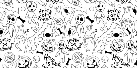 Happy Halloween-seamless pattern with set of icons-pumpkin, Jack lantern, zombie, bat, candy. Funny holiday background, texture for greeting card, invitation, party poster, banner
