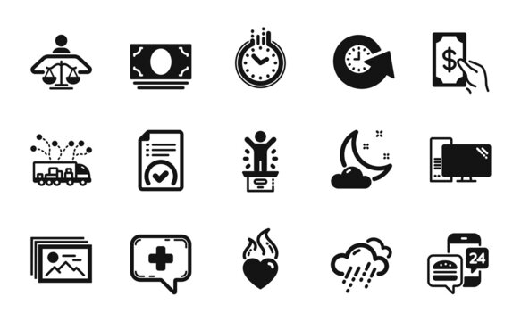 Vector set of Heart flame, Cash money and Receive money icons simple set. Computer, Image gallery and Food app icons. Winner podium, Approved document and Update time signs. Vector