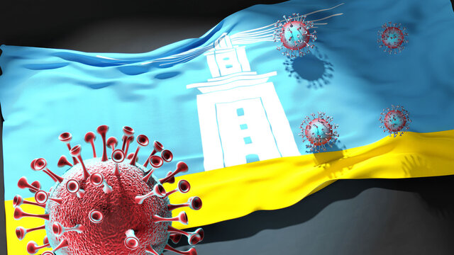 Covid in Alexandria - coronavirus attacking a city flag of Alexandria as a symbol of a fight and struggle with the virus pandemic in this city, 3d illustration