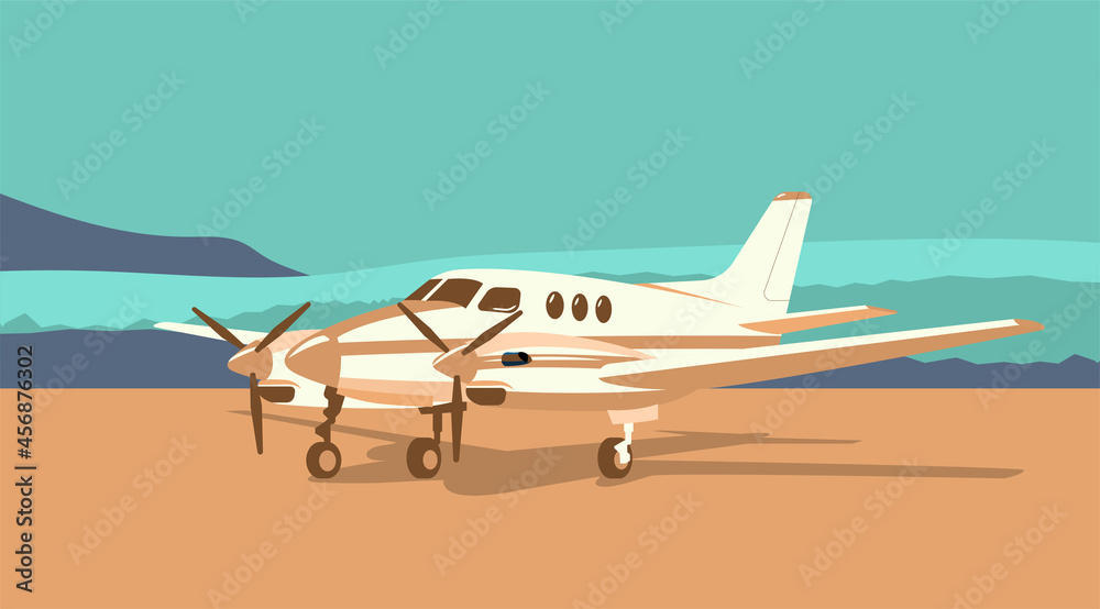 Wall mural twin-engine turboprop plane on the background of an abstract landscape. vector illustration.