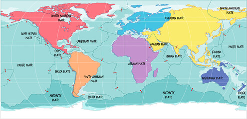 World Map Showing Tectonic Plates Boundaries - obrazy, fototapety, plakaty