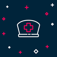 Line Nurse hat with cross icon isolated on blue background. Medical nurse cap sign. Colorful outline concept. Vector