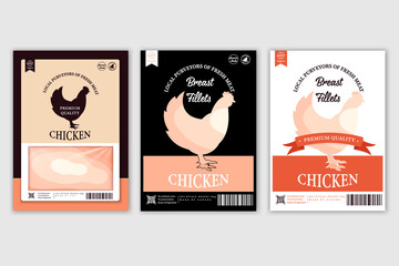Vector butchery labels with farm animal silhouettes. Chicken meat for groceries