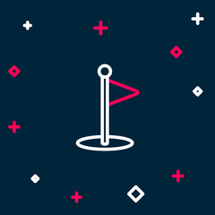 Line Golf flag icon isolated on blue background. Golf equipment or accessory. Colorful outline concept. Vector