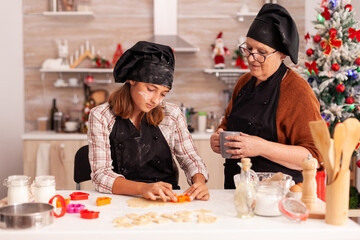 Grandmother teaching granddaughter how to prepare homemade cookies using baking shape in xmas culinary decorated kitchen. Happy family enjoying christmas holiday together cooking dessert