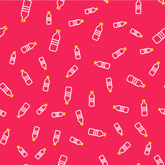 Line Bottle of water icon isolated seamless pattern on red background. Soda aqua drink sign. Vector