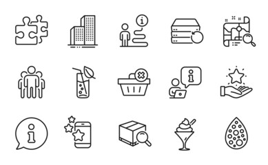 Business icons set. Included icon as Search map, Delete order, Loyalty program signs. Puzzle, Skyscraper buildings, Water glass symbols. Group, Ice cream, Recovery server. Best app. Vector