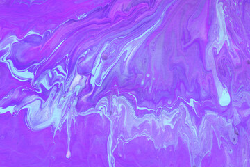 Fototapeta na wymiar Acrylic texture made in fluid pour technique. Background in violet and blue neon colors.
