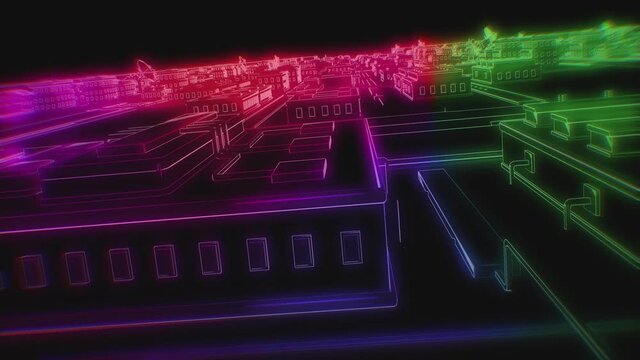 Retro Futuristic neon cityscape comic seamless background. Smart city technology concept.