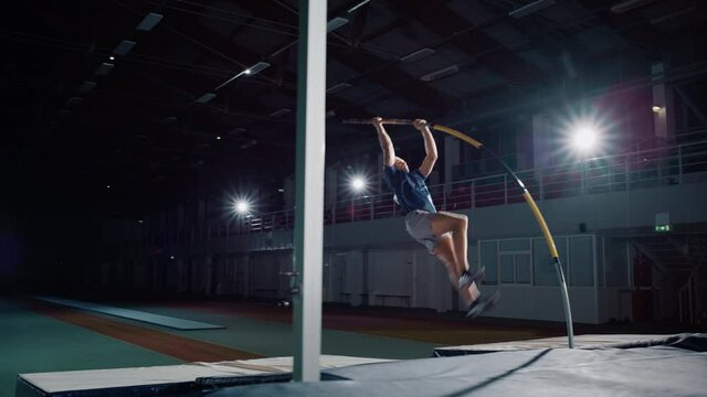 Pole Vault Jump: Professional Male Athlete Running with Pole Jumping but Hitting Bar. Motivation, Endevaor, Perseverance of Champion. Positive Person Training, Not Scared of Failure and Obstacles