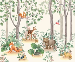 Peel and stick wall murals Childrens room Woodland stories watercolor illustration