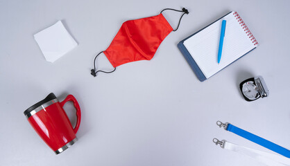 
Composition of different promo products with rich colors -Thermo mugs, Lanyards Neck Strap, pen,...