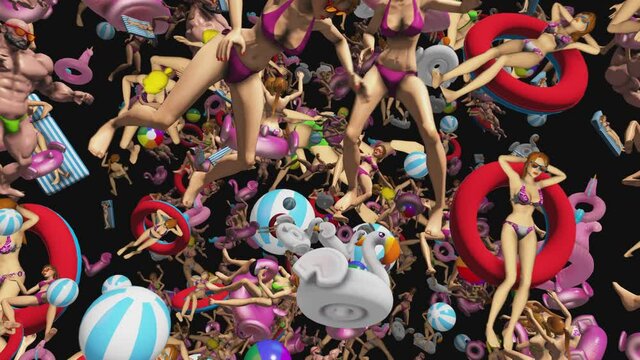 Seamless animation of  bikini girls dancing, inflatables, beach balls and bodybuilders dancing.  Funny summer background 