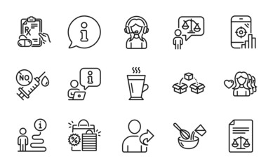 Line icons set. Included icon as Legal documents, Lawyer, Woman love signs. Shopping bags, Latte, Prescription drugs symbols. Refer friend, Support, Cooking whisk. Parcel shipping. Vector