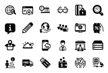 Vector Set of Business icons related to Free delivery, Coffee and Online test icons. Servers, Businessman and Teamwork signs. Incoming call, Time management and Blocked card. Eyeglasses. Vector