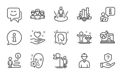People icons set. Included icon as Augmented reality, Teamwork, Protection shield signs. Online chemistry, Winner cup, Leadership symbols. Hold heart, Head, Face declined. Engineer. Vector