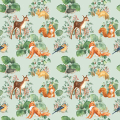 Woodland stories pattern seamless watercolor illustration © Нат Мошк
