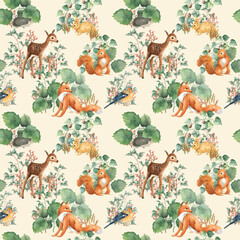 Woodland stories pattern seamless watercolor illustration © Нат Мошк