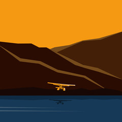 The plane takes off to the tops of the mountains. Vector illustration.